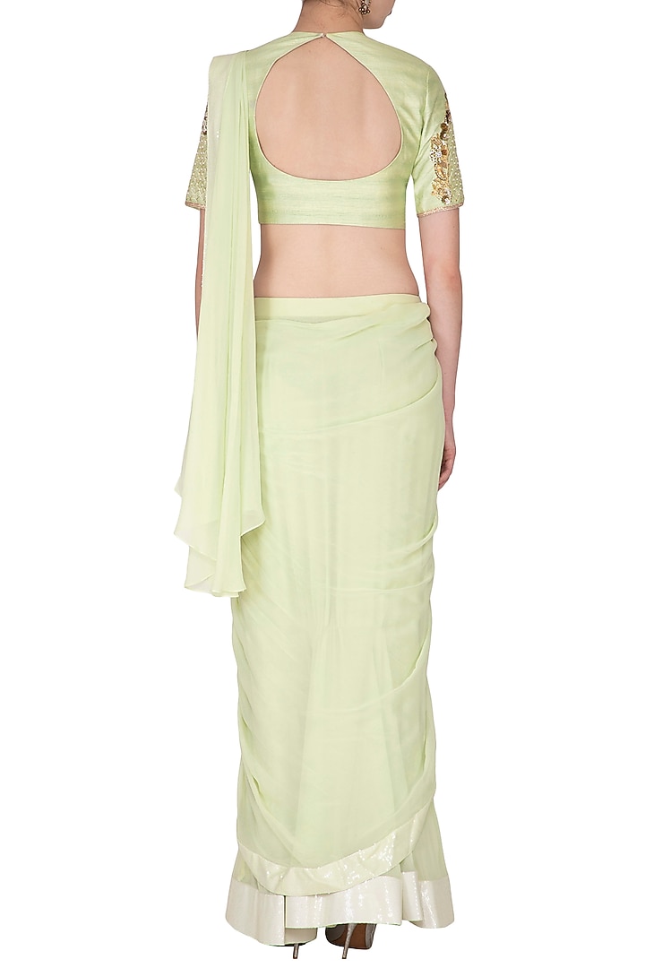Mint Green Georgette Embroidered Ruffled Party Wear Saree Set by Nidhika Shekhar at Pernia's Pop Up Shop