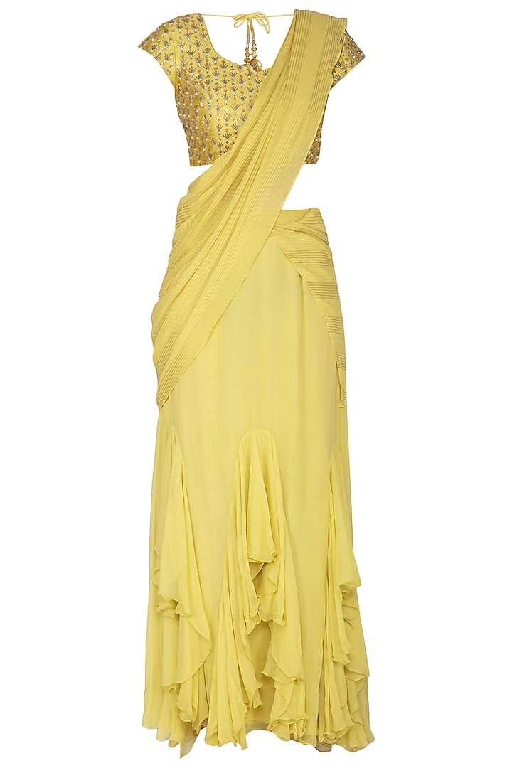 Yellow Embroidered Pre-Draped Saree Set by Nidhika Shekhar