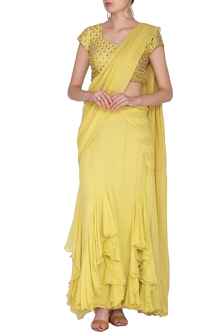 Yellow Embroidered Pre-Draped Wedding Saree Set by Nidhika Shekhar at Pernia's Pop Up Shop