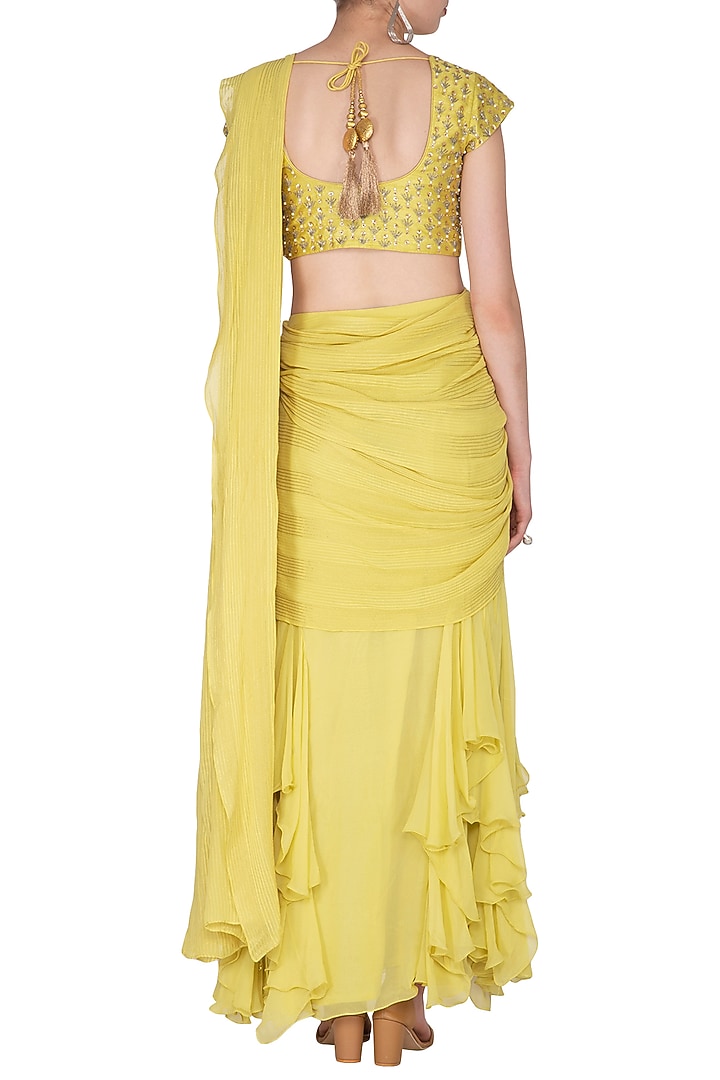 Yellow Embroidered Pre-Draped Wedding Saree Set by Nidhika Shekhar at Pernia's Pop Up Shop