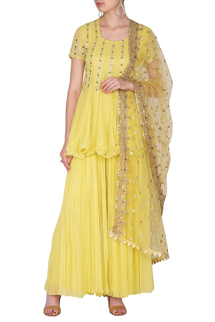 Yellow Embroidered Wedding Sharara Set by Nidhika Shekhar at Pernia's Pop Up Shop