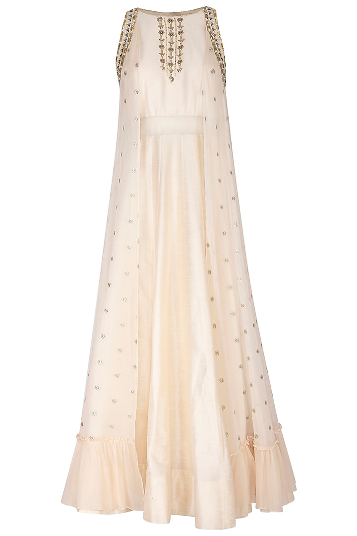 White Embroidered Cape Gown by Nidhika Shekhar