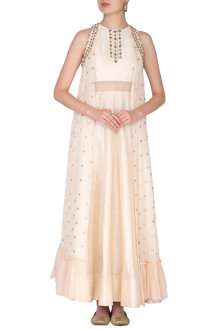 White Embroidered Cape Party Wear Gown by Nidhika Shekhar at Pernia's Pop Up Shop