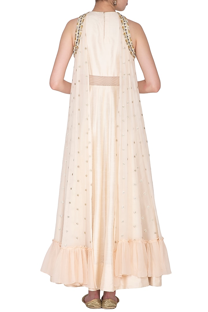 White Embroidered Cape Party Wear Gown by Nidhika Shekhar at Pernia's Pop Up Shop