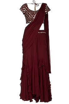 Maroon Pre-Stitched Draped Metallic Applique Embroidery Ruffled Saree