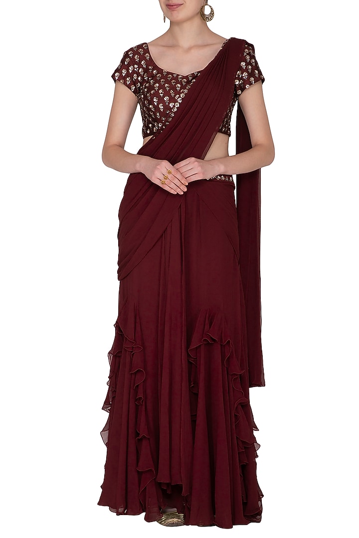 Maroon Georgette Pre-Draped Wedding Saree Set by Nidhika Shekhar at Pernia's Pop Up Shop