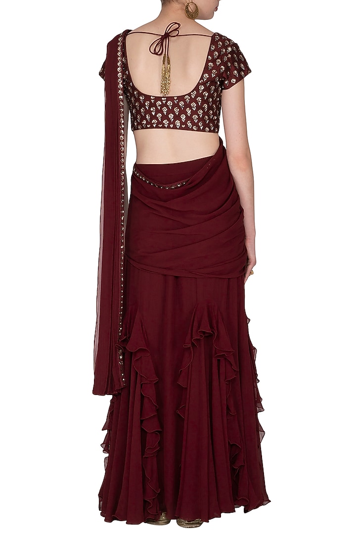 Maroon Georgette Pre-Draped Wedding Saree Set by Nidhika Shekhar at Pernia's Pop Up Shop
