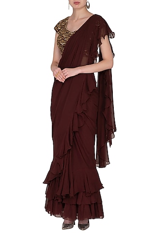 Maroon Georgette & Silk Ruffled Saree Set by Nidhika Shekhar