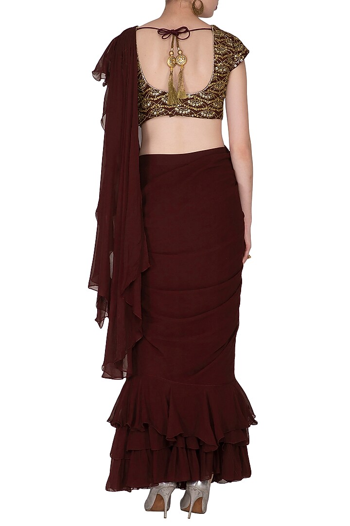 Maroon Georgette & Silk Ruffled Wedding Saree Set by Nidhika Shekhar at Pernia's Pop Up Shop