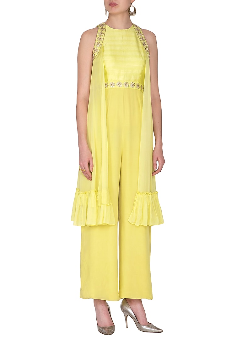 Yellow Embroidered Cape Jumpsuit by Nidhika Shekhar at Pernia's Pop Up Shop