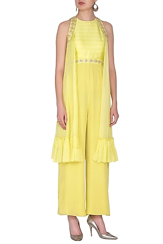 Yellow Embroidered Cape Jumpsuit by Nidhika Shekhar