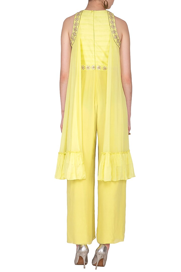 Yellow Embroidered Cape Jumpsuit by Nidhika Shekhar at Pernia's Pop Up Shop