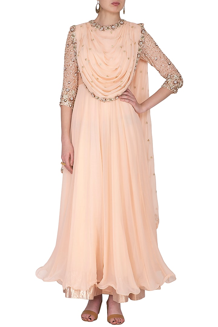 Blush Pink Embroidered Wedding Anarkali Set by Nidhika Shekhar at Pernia's Pop Up Shop
