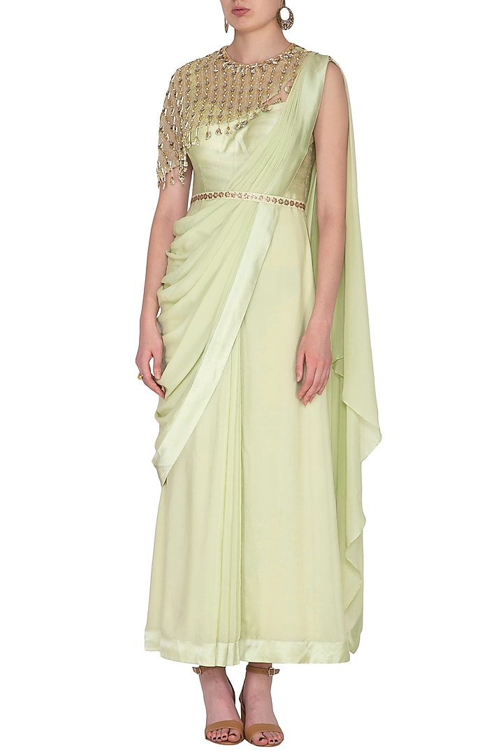 Mint Green Embroidered Wedding Saree Gown With Drape & Belt by Nidhika Shekhar at Pernia's Pop Up Shop
