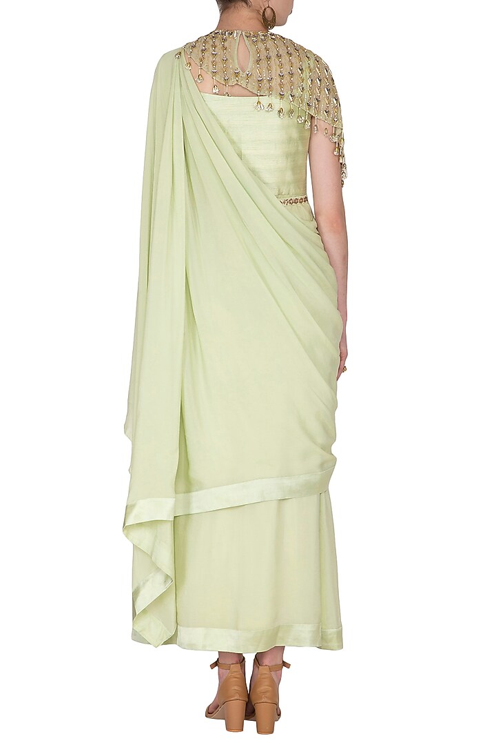 Mint Green Embroidered Wedding Saree Gown With Drape & Belt by Nidhika Shekhar at Pernia's Pop Up Shop