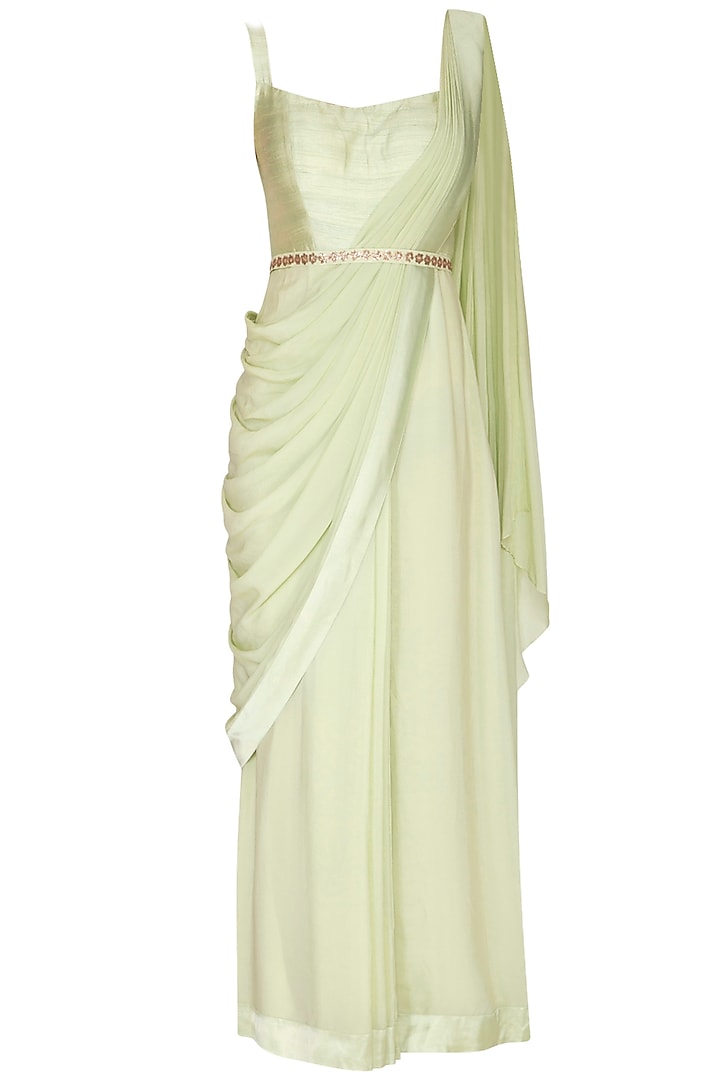Mint Green Embroidered Wedding Saree Gown With Drape & Belt by Nidhika Shekhar at Pernia's Pop Up Shop