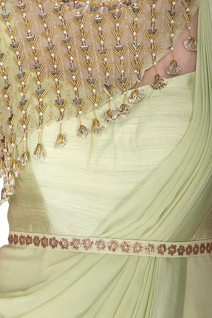 Mint Green Embroidered Wedding Saree Gown With Drape & Belt by Nidhika Shekhar at Pernia's Pop Up Shop