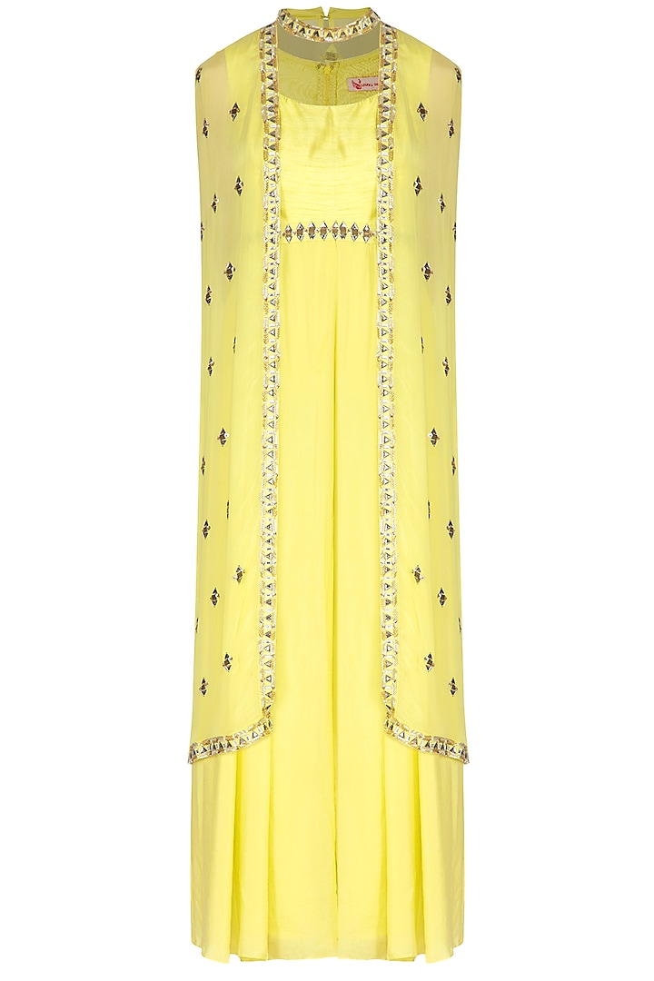 Yellow Jumpsuit With Embroidered Cape by Nidhika Shekhar