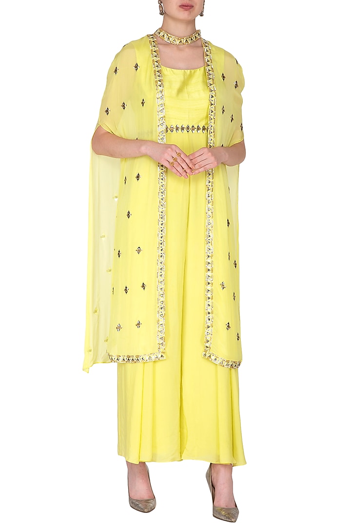 Yellow Jumpsuit With Embroidered Cape by Nidhika Shekhar at Pernia's Pop Up Shop