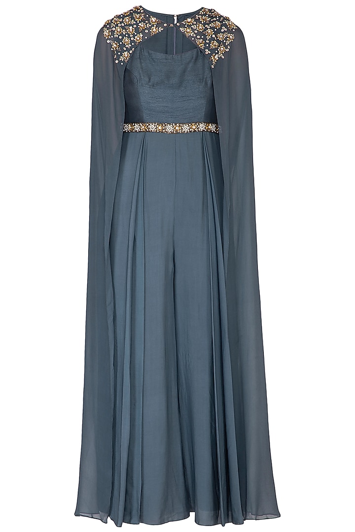 Cobalt Blue Embroidered Jumpsuit With Attached Cape by Nidhika Shekhar
