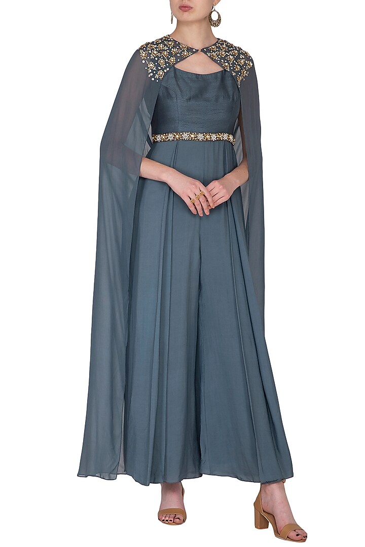 Cobalt Blue Embroidered Jumpsuit With Attached Cape by Nidhika Shekhar at Pernia's Pop Up Shop