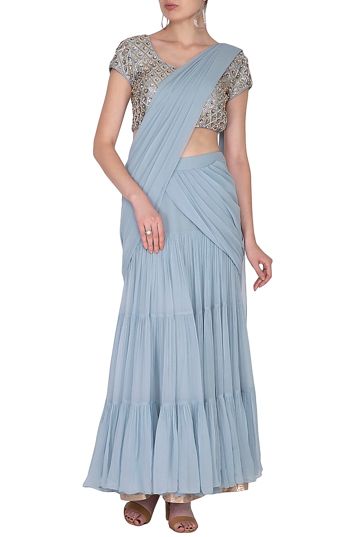 Sky Blue Georgette Zardosi Embroidered Pre-Draped Pleated Wedding Saree Set by Nidhika Shekhar at Pernia's Pop Up Shop
