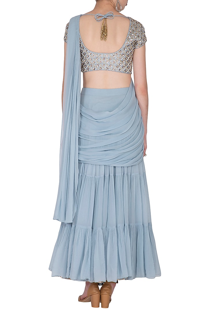 Sky Blue Georgette Zardosi Embroidered Pre-Draped Pleated Wedding Saree Set by Nidhika Shekhar at Pernia's Pop Up Shop