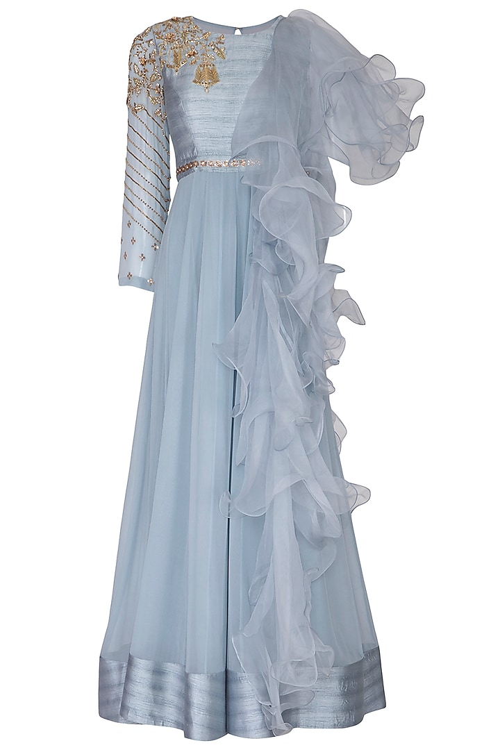 Sky Blue Embroidered Ruffled Gown by Nidhika Shekhar at Pernia's Pop Up Shop