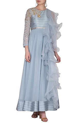 Sky Blue Embroidered Ruffled Gown by Nidhika Shekhar