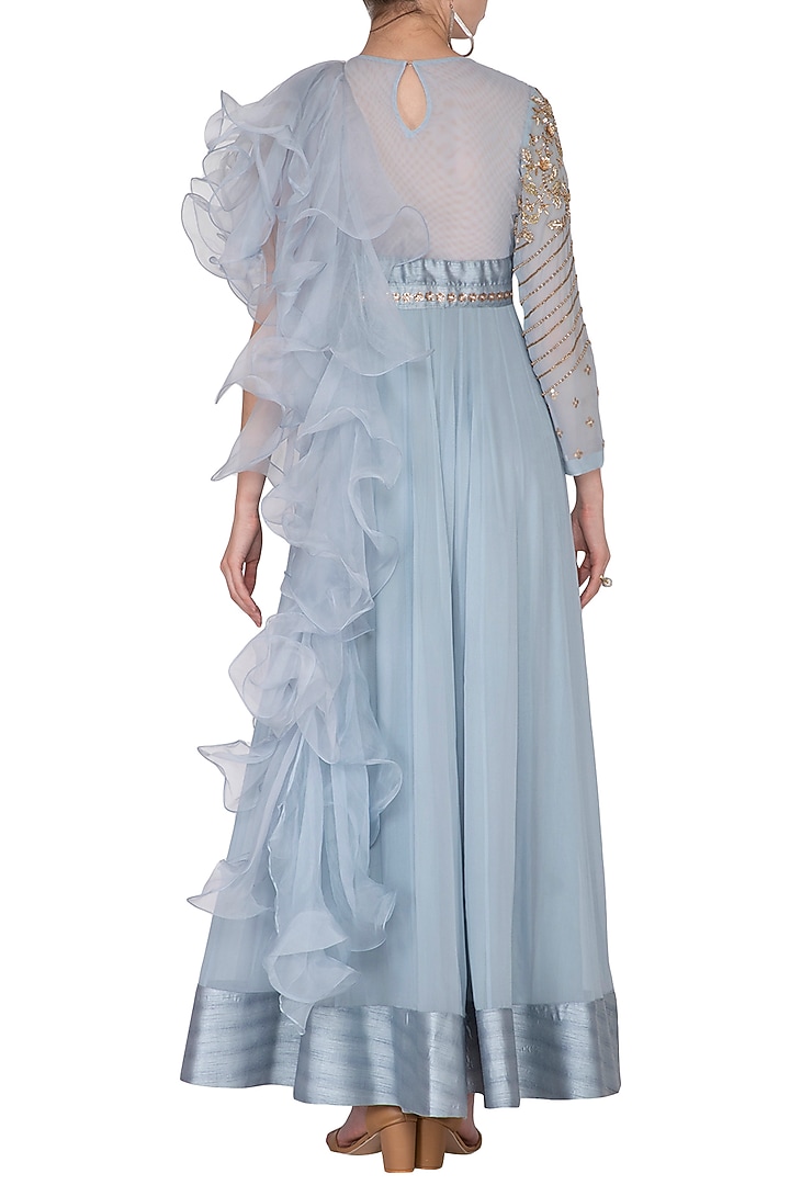 Sky Blue Embroidered Ruffled Engagement Gown by Nidhika Shekhar at Pernia's Pop Up Shop