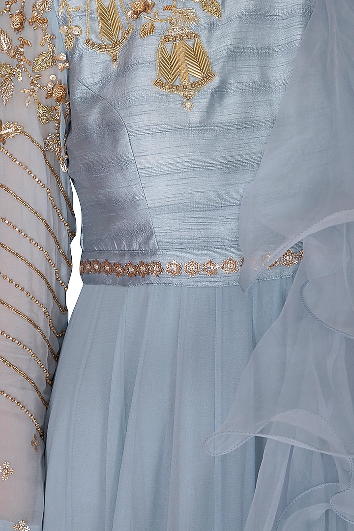 Sky Blue Embroidered Ruffled Engagement Gown by Nidhika Shekhar at Pernia's Pop Up Shop