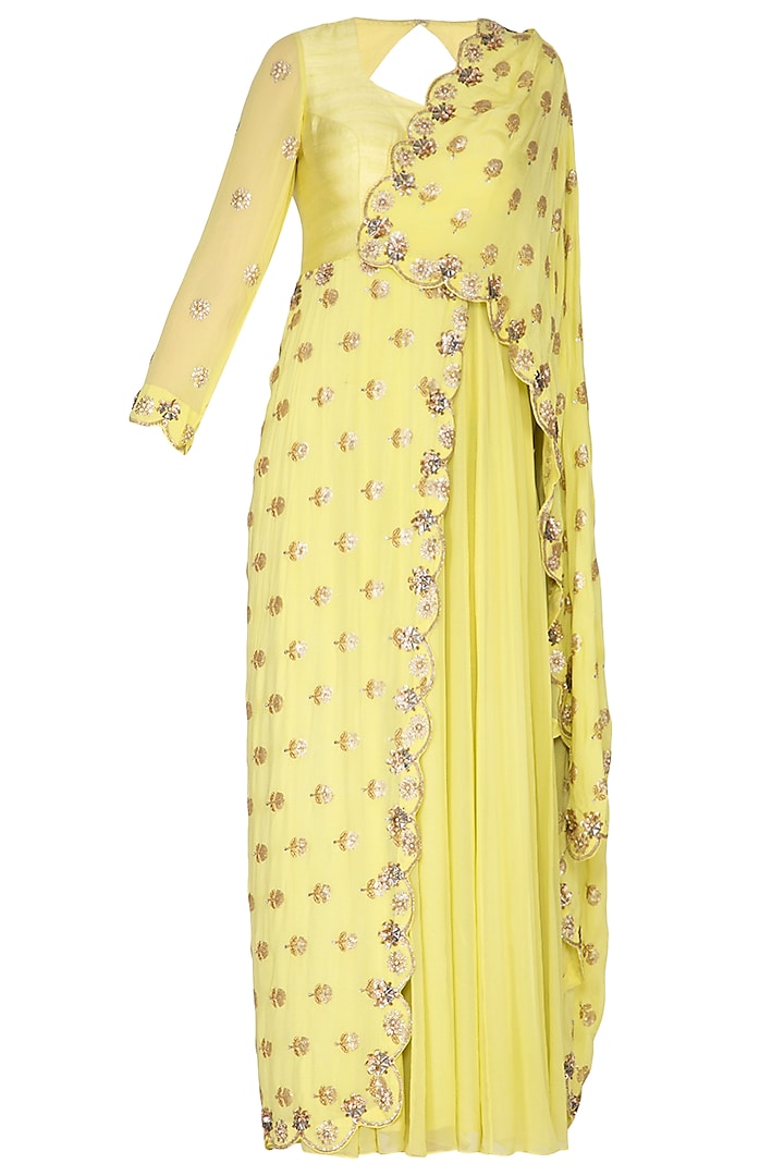 Yellow Embroidered Draped Saree Gown by Nidhika Shekhar