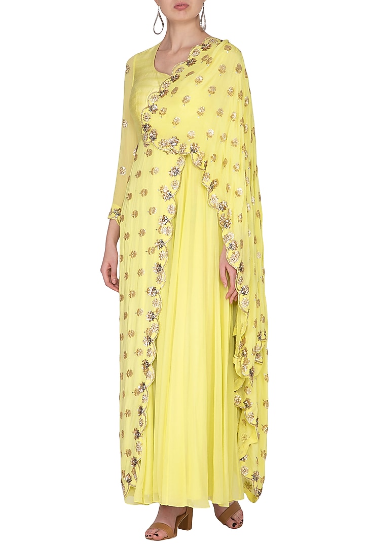Yellow Embroidered Draped Party Wear Saree Gown by Nidhika Shekhar at Pernia's Pop Up Shop