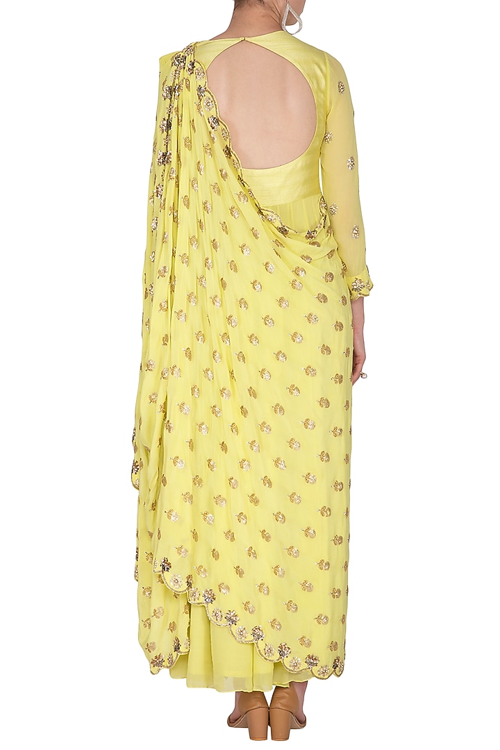 Yellow Embroidered Draped Party Wear Saree Gown by Nidhika Shekhar at Pernia's Pop Up Shop