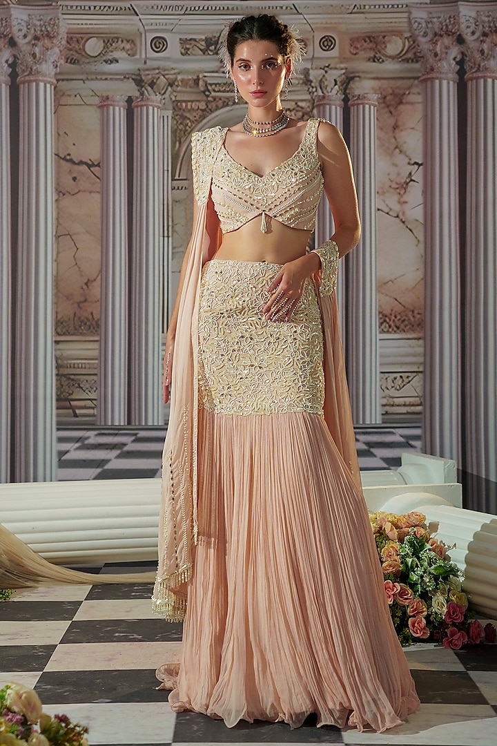 Baby Pink Georgette Embroidered Fish-Cut Wedding Lehenga Set by Nidhika Shekhar at Pernia's Pop Up Shop