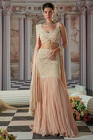 Baby Pink Georgette Embroidered Fish-Cut Lehenga Set by Nidhika Shekhar