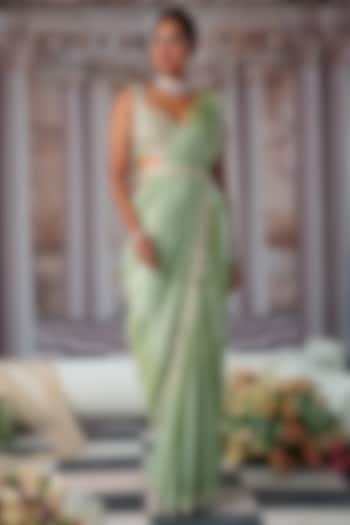 Sage Green Zari Georgette Draped Saree Set by Nidhika Shekhar