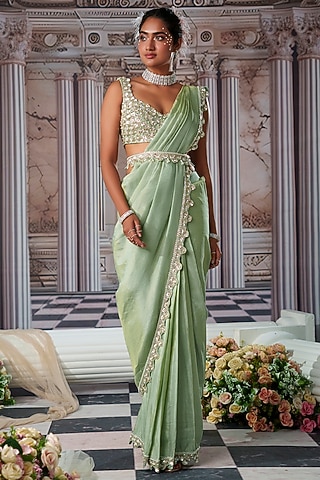 Sage Green Zari Georgette Draped Saree Set by Nidhika Shekhar