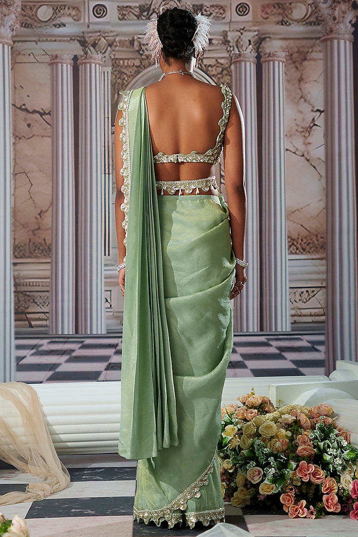 Sage Green Zari Georgette Draped Wedding Saree Set by Nidhika Shekhar at Pernia's Pop Up Shop