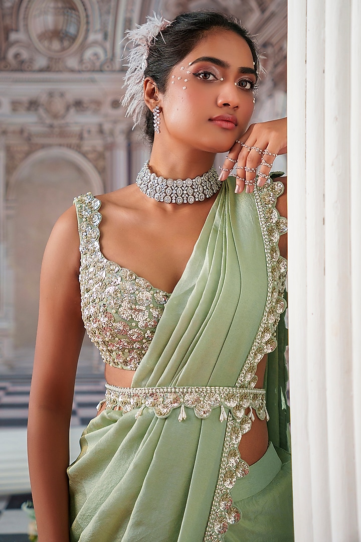 Sage Green Zari Georgette Draped Wedding Saree Set by Nidhika Shekhar at Pernia's Pop Up Shop