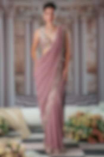 Cedar Foil Georgette Draped Saree Set by Nidhika Shekhar