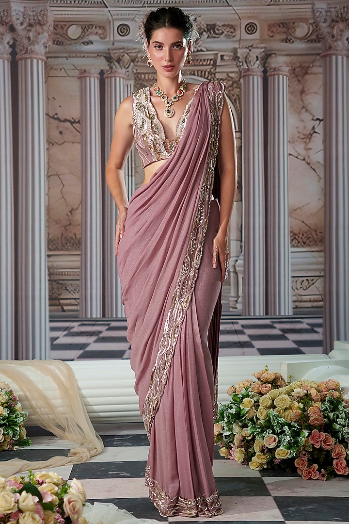 Cedar Foil Georgette Draped Saree Set by Nidhika Shekhar