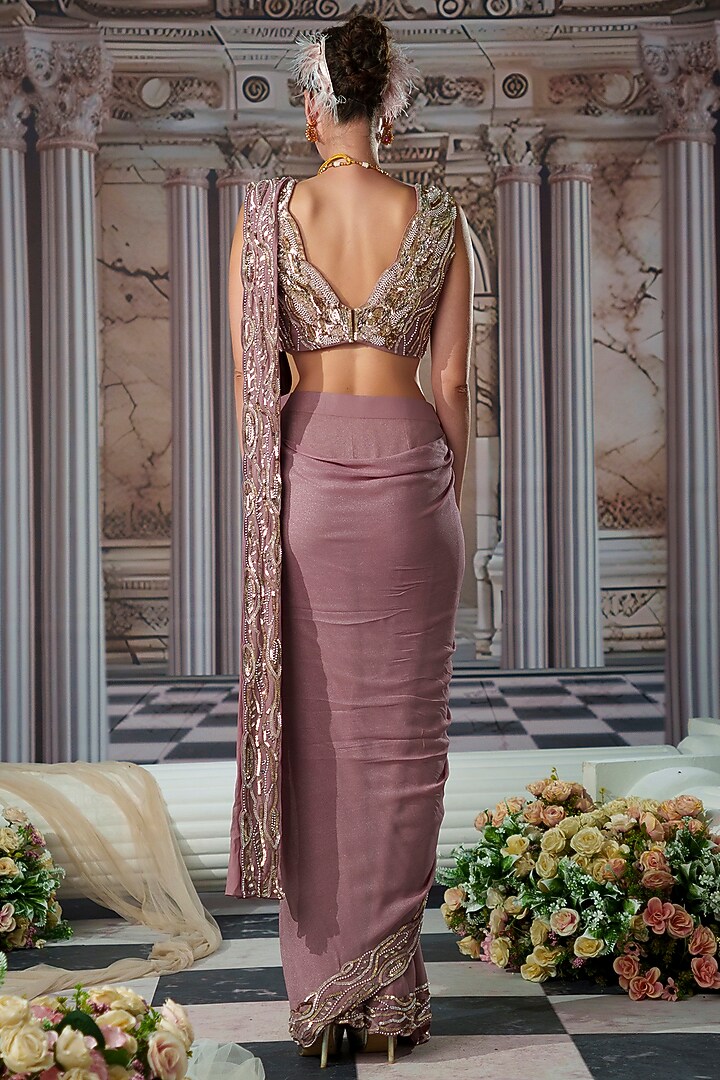 Cedar Foil Georgette Draped Wedding Saree Set by Nidhika Shekhar at Pernia's Pop Up Shop