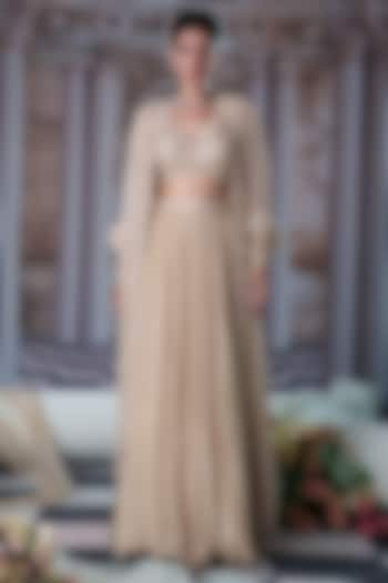 Nude Georgette Embroidered Cape Wedding Lehenga Set by Nidhika Shekhar at Pernia's Pop Up Shop