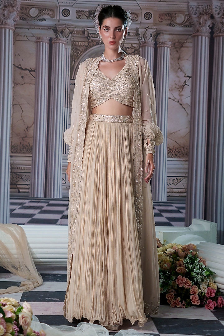 Nude Georgette Embroidered Cape Wedding Lehenga Set by Nidhika Shekhar at Pernia's Pop Up Shop