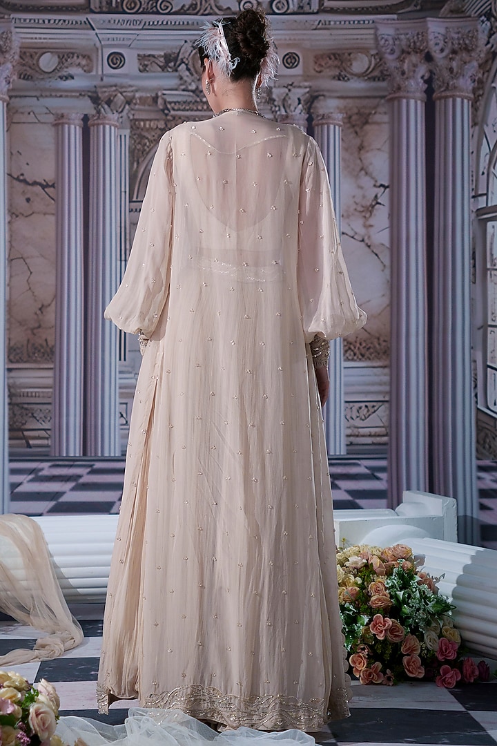Nude Georgette Embroidered Cape Wedding Lehenga Set by Nidhika Shekhar at Pernia's Pop Up Shop