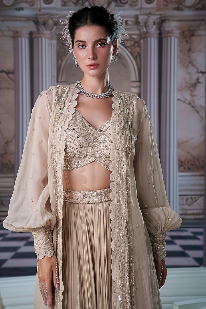 Nude Georgette Embroidered Cape Wedding Lehenga Set by Nidhika Shekhar at Pernia's Pop Up Shop