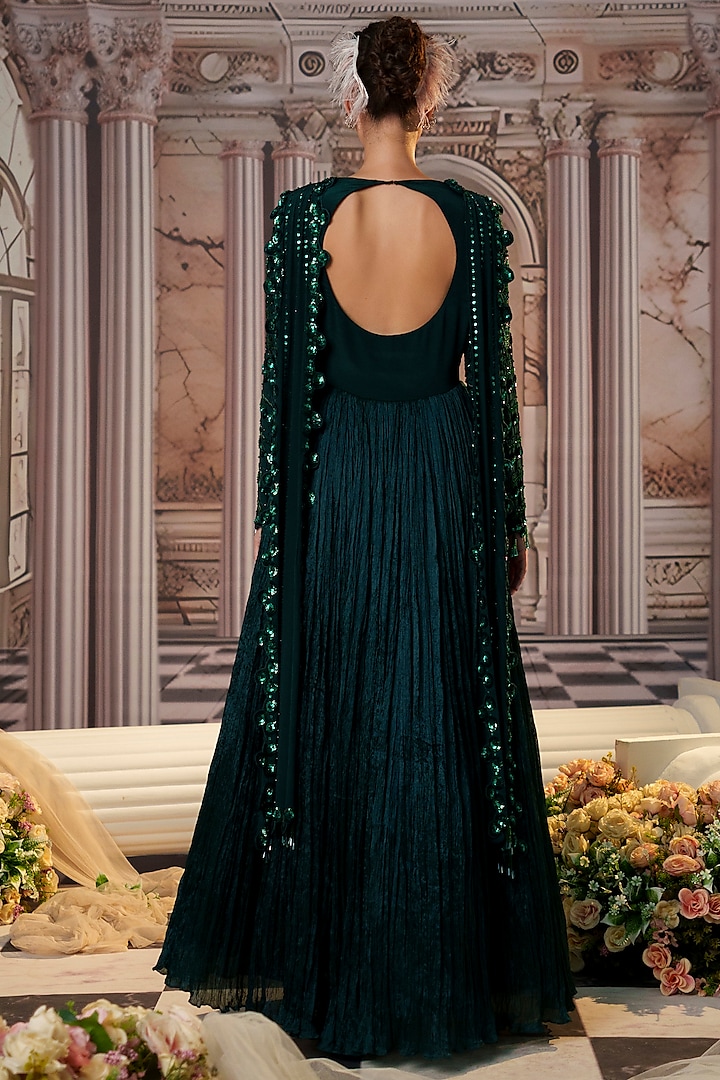 Bottle Green Crinkle Fabric Embroidered Wedding Anarkali by Nidhika Shekhar at Pernia's Pop Up Shop