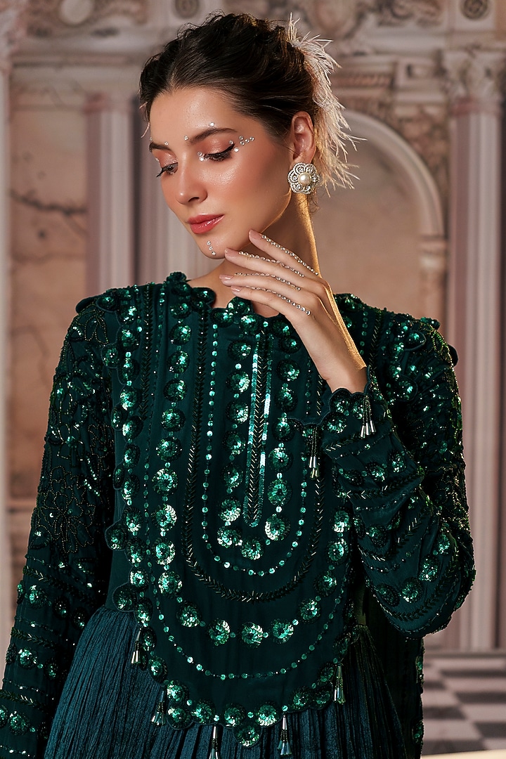 Bottle Green Crinkle Fabric Embroidered Wedding Anarkali by Nidhika Shekhar at Pernia's Pop Up Shop