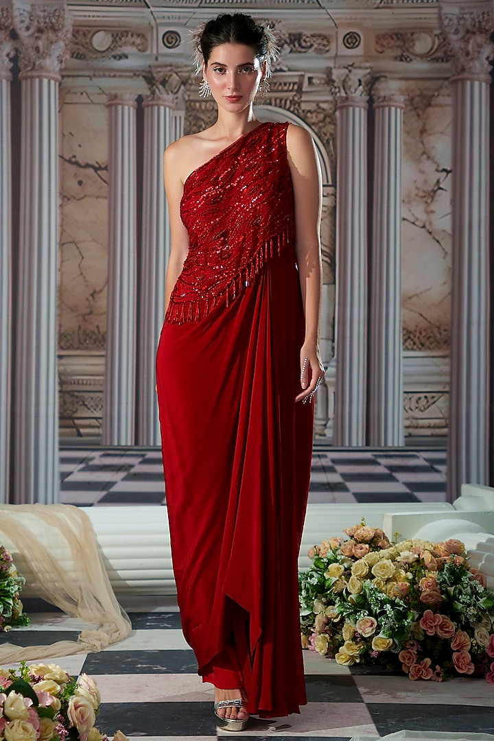 Red Crepe Embroidered One-Shoulder Draped Gown by Nidhika Shekhar at Pernia's Pop Up Shop